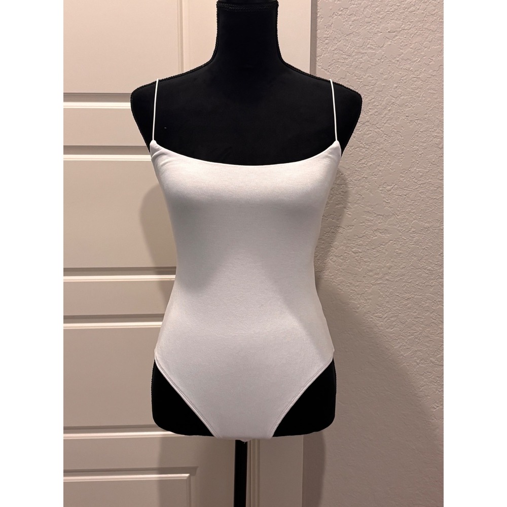 Olivaceous Bodysuit Womens Medium White Ribbed Open Back Twisted Spaghetti Strap